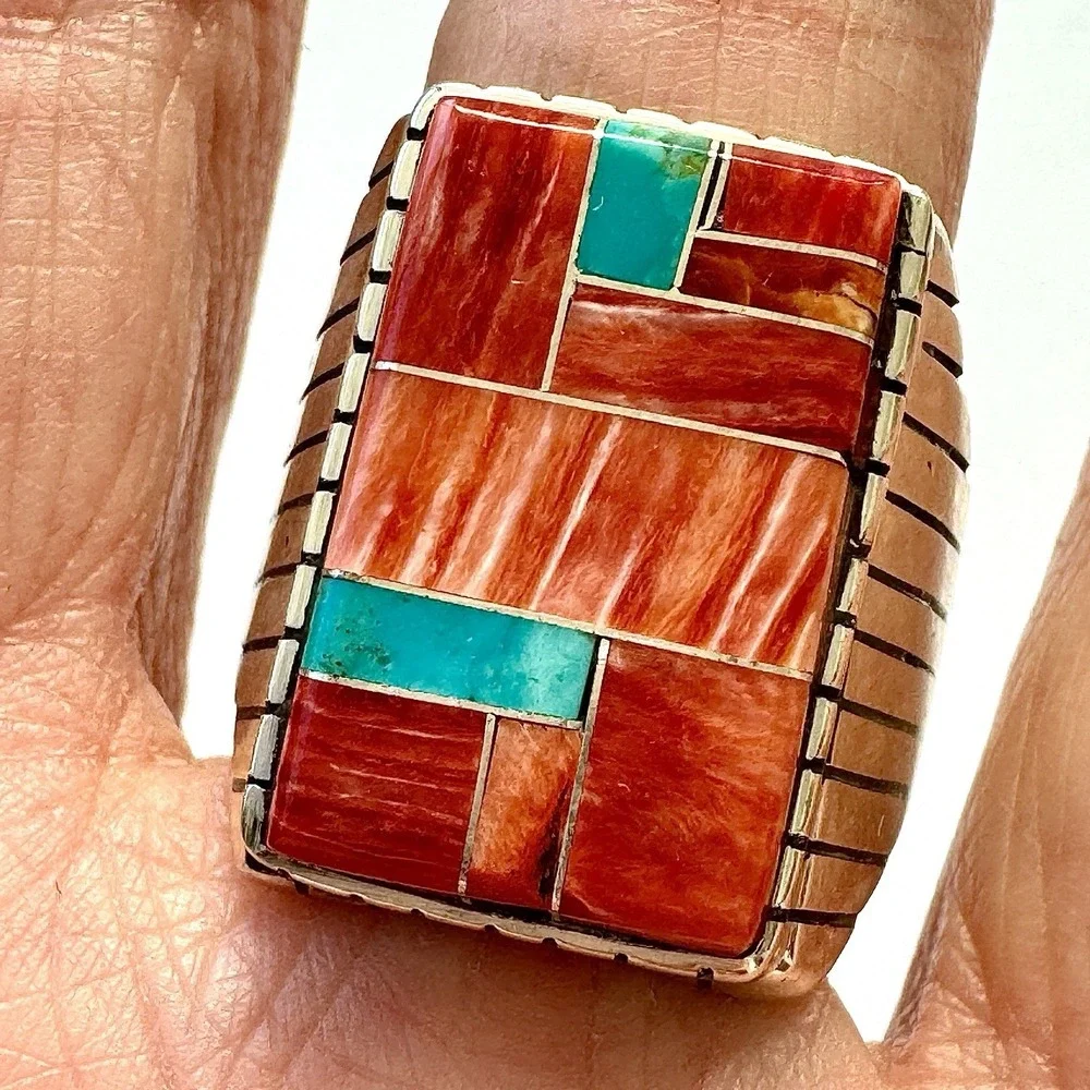 Turquoise Multi Stone Inlay Mens Ring Sz 12.5 Navajo Sterling Signed T Jack 22mm